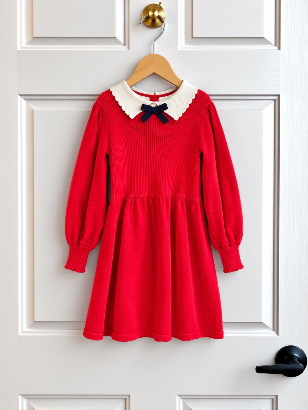 Janie and Jack Girls 8 Red Collared Sweater Dress Navy Bow Holiday